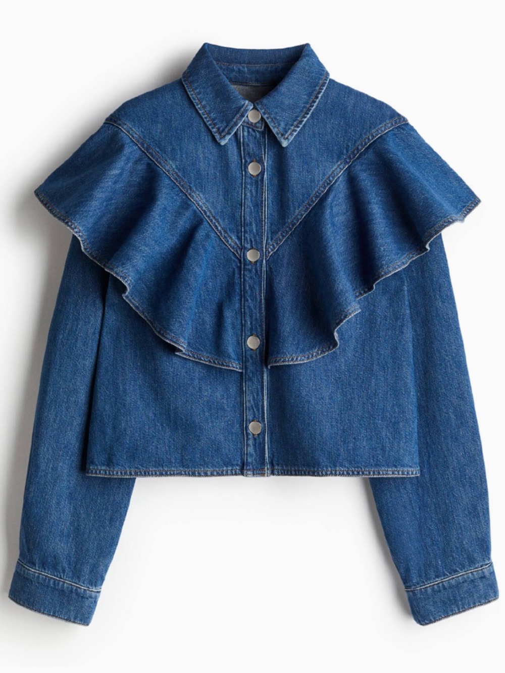 H&M FLOUNCE-TRIMMED DENIM SHIRT